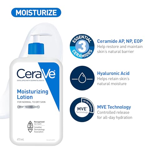 CeraVe Moisturizing Lotion, Daily Lightweight Lotion with Hyaluronic Acid & Ceramides for Women and Men. Suitable for Dry & Sensitive Skin, Fragrance-Free, Non-Comedogenic & Allergy Tested, 473 mL