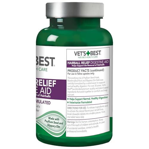 Vet’s Best Cat Hairball Relief Digestive Aid | Vet Formulated Hairball Support Remedy | Classic Chicken Flavor | 60 Chewable Tablets