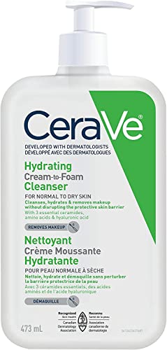 CeraVe Hydrating Cream-to-Foam Face Cleanser, One-Step Face Wash With Hyaluronic Acid & Amino Acid Complex, Gently Cleanses Skin, Non-Comedogenic, Fragrance-Free, Normal to dry skin, 562mL