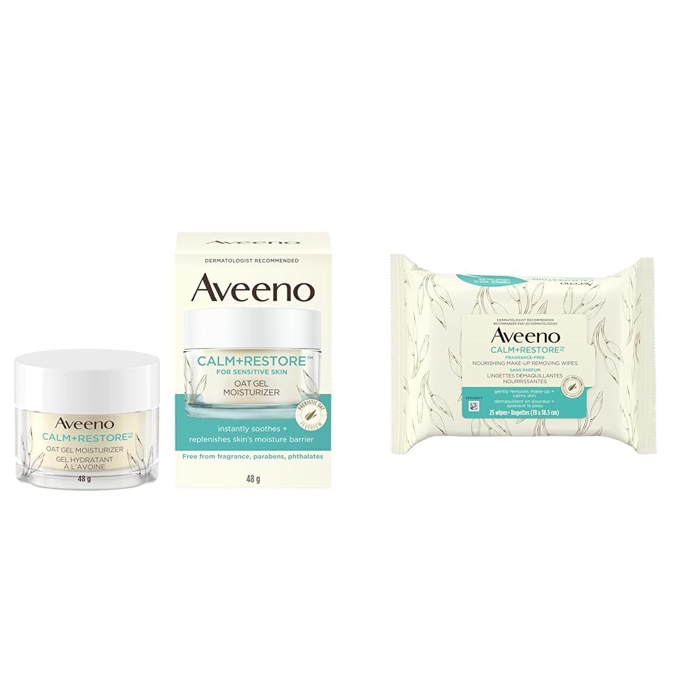 Aveeno Calm and Restore Oat Gel Facial Moisturizer for Sensitive Skin, Lightweight Gel Cream Face Moisturizer with Prebiotic Oat and Feverfew, Hypoallergenic, Fragrance and Paraben-free, 48 Grams