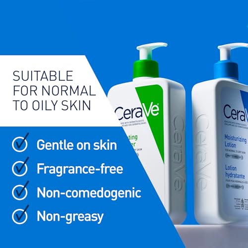 CeraVe Moisturizing Lotion, Daily Lightweight Lotion with Hyaluronic Acid & Ceramides for Women and Men. Suitable for Dry & Sensitive Skin, Fragrance-Free, Non-Comedogenic & Allergy Tested, 473 mL