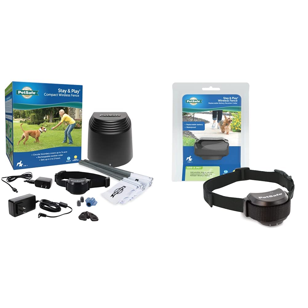 PetSafe Stay & Play Compact Wireless Fence, LCD Screen to Adjust The Circular Boundary, Secure up to a 3,000 Square Metre Area, Use for All Your Pets, Portable System