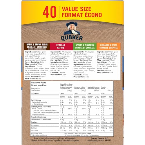 Quaker Maple & Brown Sugar Flavour Instant Oatmeal, 18 Packets, 774g