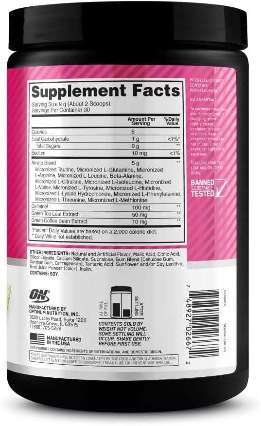 Optimum Nutrition Amino Energy Powder – Anytime energy convenient energy powder, Pre- workout with Green Tea, BCAA and Green Coffee Extract – Watermelon: 30 servings (270g tub, packaging may vary)