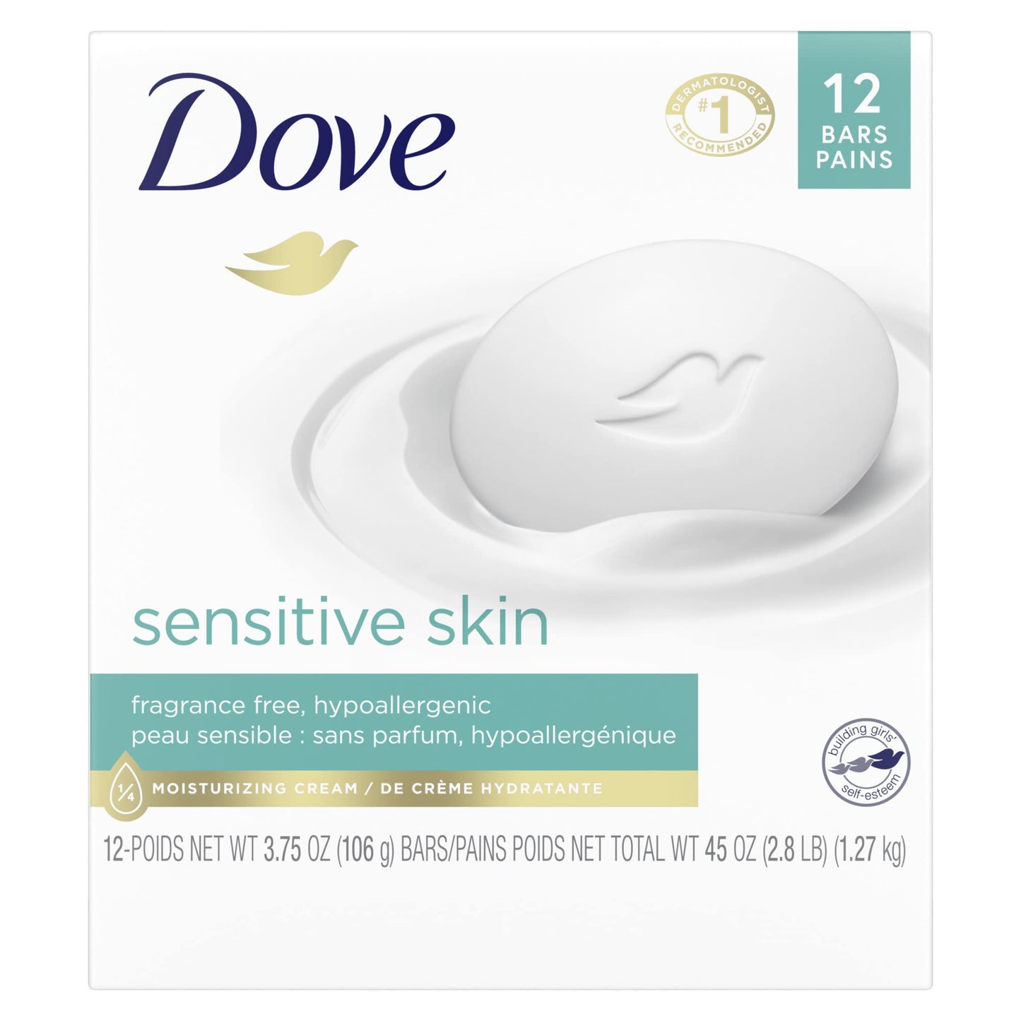 Dove Beauty Bar More Moisturizing Than Bar Soap for Softer Skin, Fragrance Free, Hypoallergenic Sensitive Skin With Gentle Cleanser 1272g (Pack of 12)