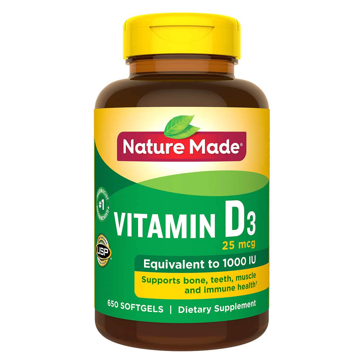 Nature Made Vitamin D3 1000 IU (25 mcg), Dietary Supplement for Bone, Teeth, Muscle and Immune Health Support, 300 Softgels, 300 Day Supply