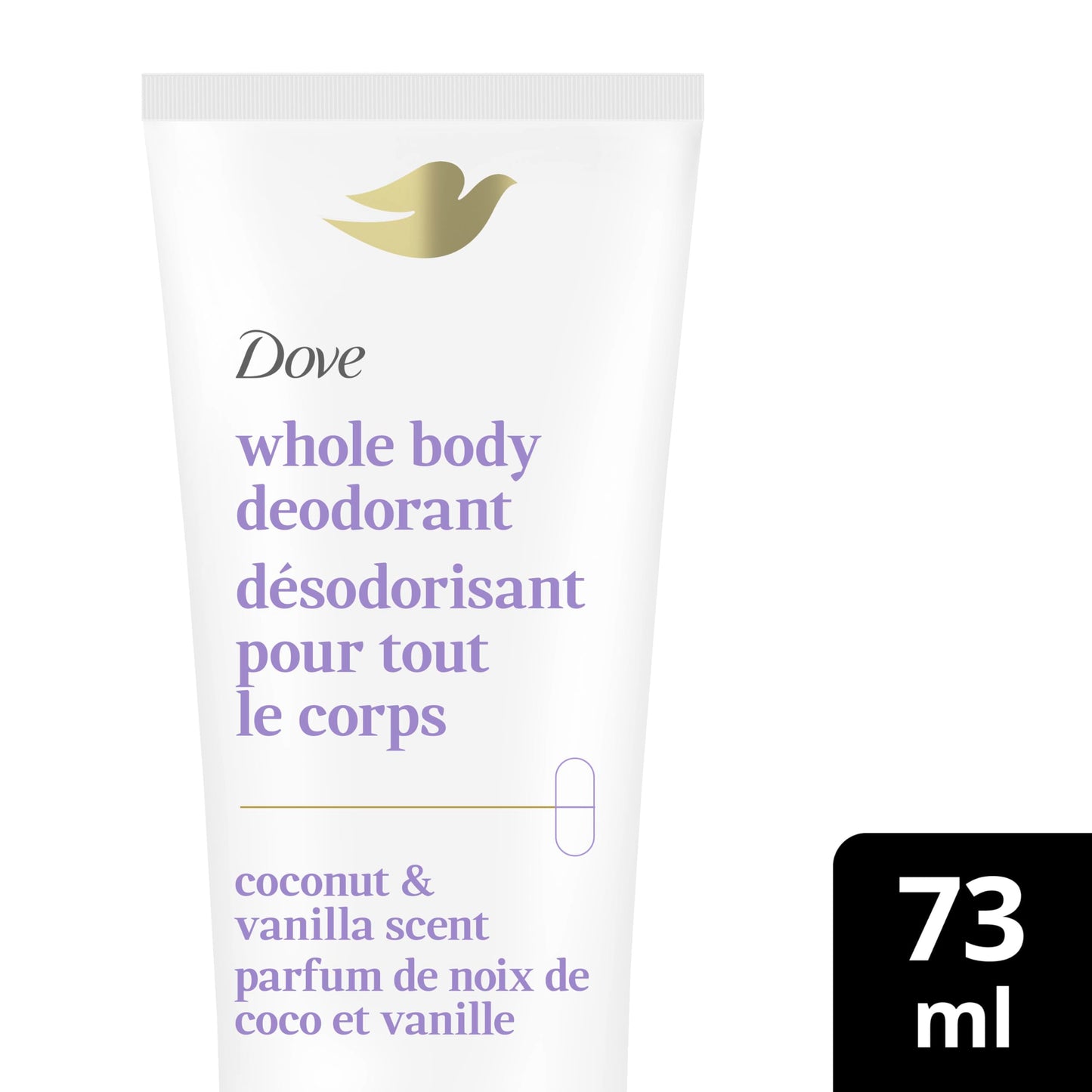 Dove Whole Body Deodorant Cream Aluminum Free Deodorant for Women Coconut & Vanilla Scent for Pits, Privates, & Thighs to Toes 73 ml