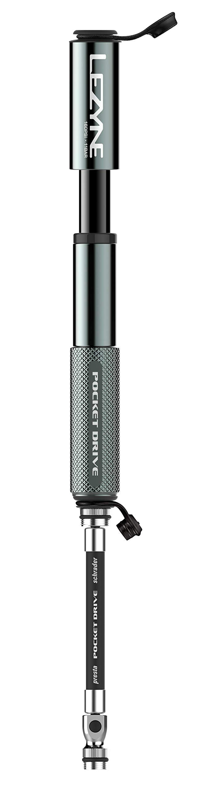 LEZYNE Pocket Drive HP Bicycle Hand Pump, High Pressure 160 PSI, Presta & Schrader Compatible, Durable CNC Aluminum, Compact, ABS Flex Hose, Bike Tire Pump