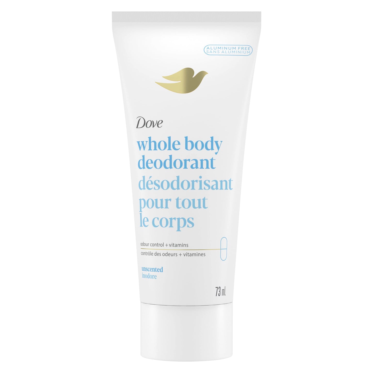 Dove Whole Body Deodorant Cream Aluminum Free Deodorant for Women Coconut & Vanilla Scent for Pits, Privates, & Thighs to Toes 73 ml