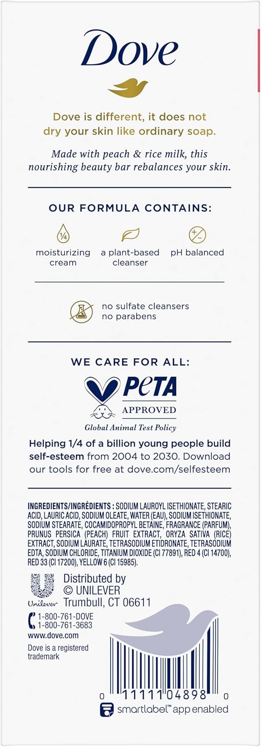 Dove Beauty Bar Gentle Cleanser Moisturizes To Help Rebalance Skin Peach and Rice Milk Gentle Bar Soap Cleanser Made With 1/4 Moisturizing Cream 106 g 6 count