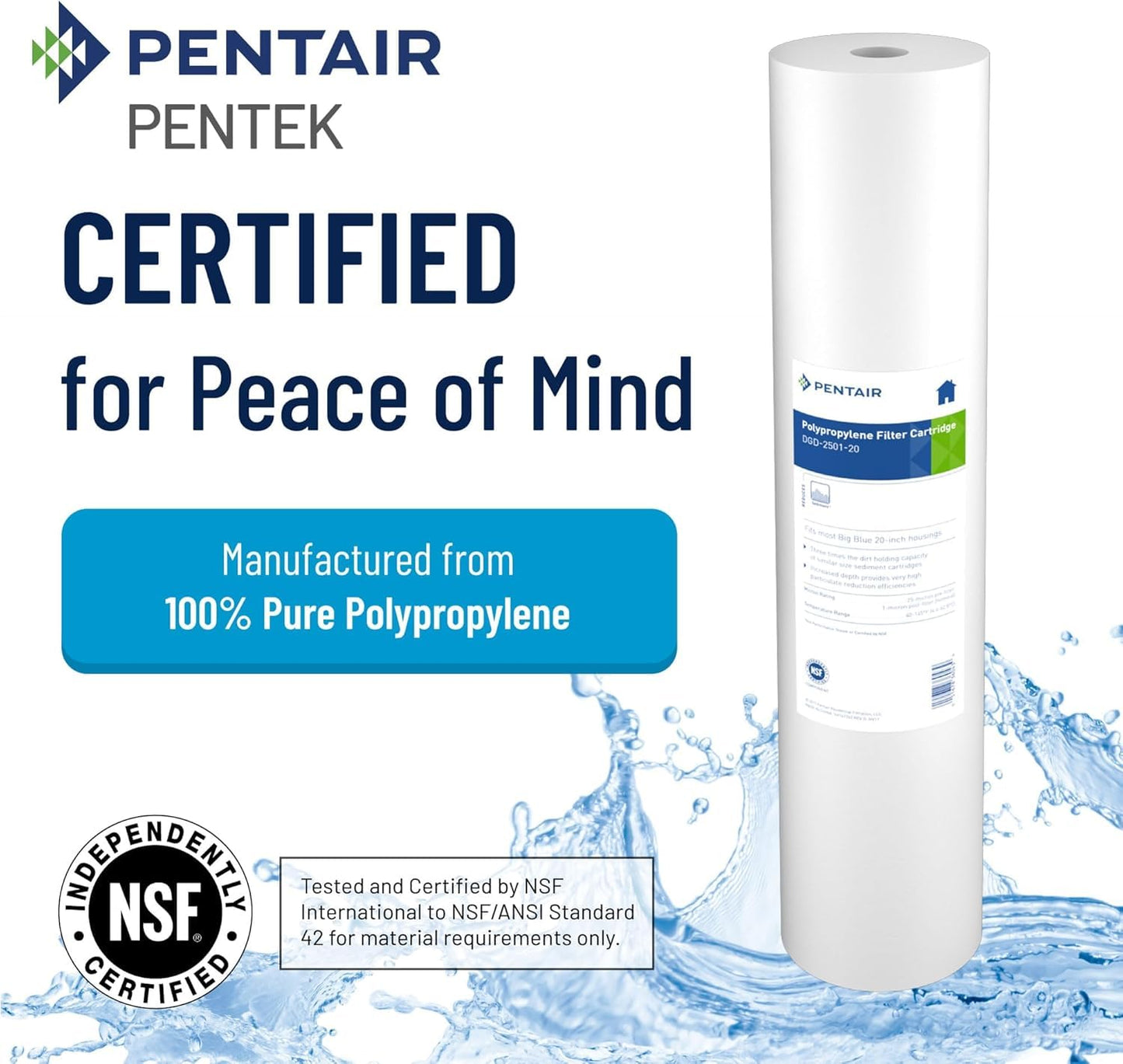Pentair Pentek DGD-5005-20 Big Blue Water Filter, 20-Inch Whole House Sediment Filter Cartridge Replacement, Dual-Gradient Density Spun Polypropylene, 20" x 4.5", 5 Micron, Pack of 6, White