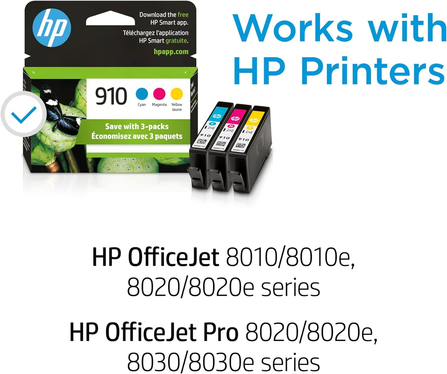 Original HP 910 Cyan, Magenta, Yellow Ink Cartridges (3-pack) | Works with HP OfficeJet 8018, 8022; HP OfficeJet Pro 8020, 8025, 8035| Eligible for Instant Ink | 3YN97AN