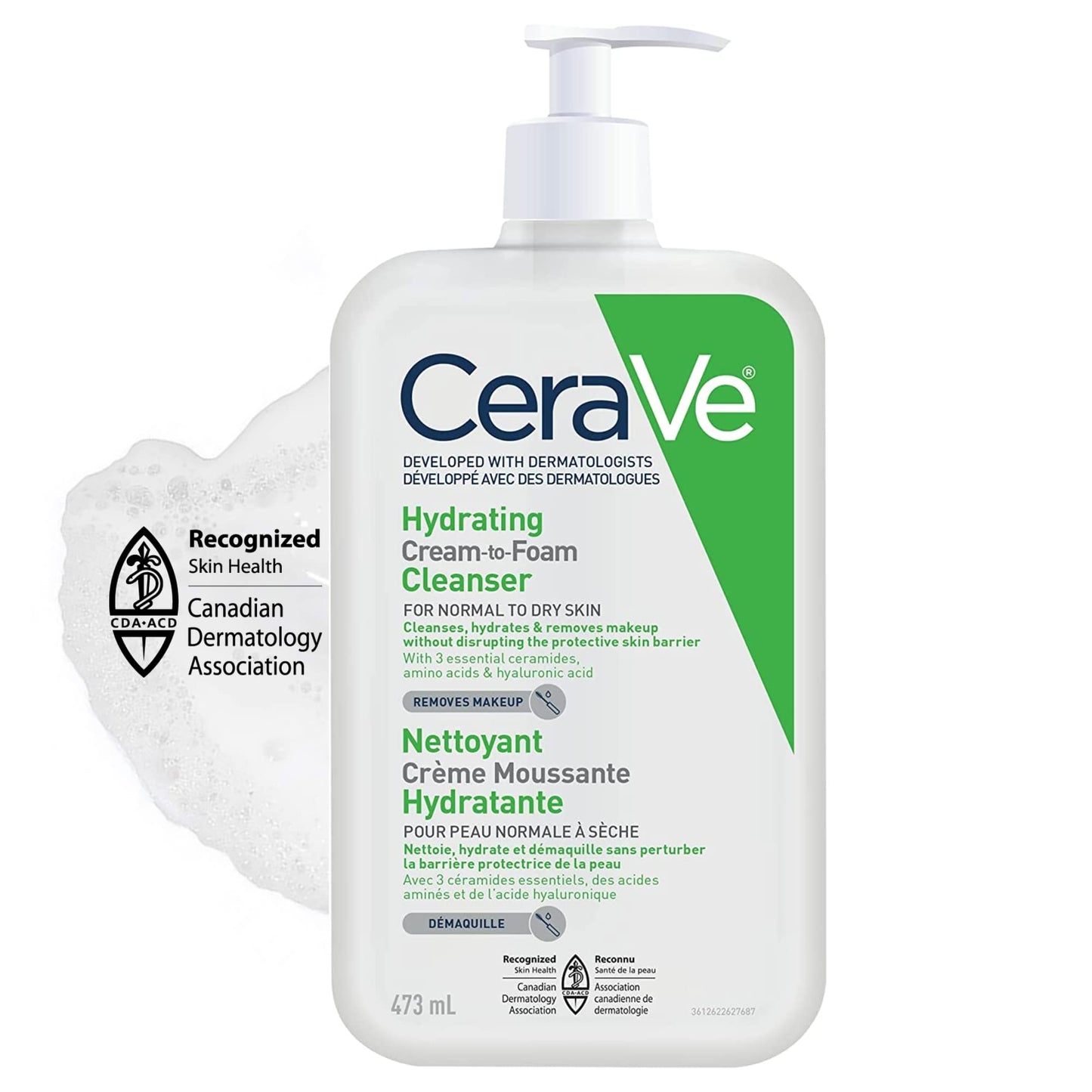 CeraVe Hydrating Cream-to-Foam Face Cleanser, One-Step Face Wash With Hyaluronic Acid & Amino Acid Complex, Gently Cleanses Skin, Non-Comedogenic, Fragrance-Free, Normal to dry skin, 562mL