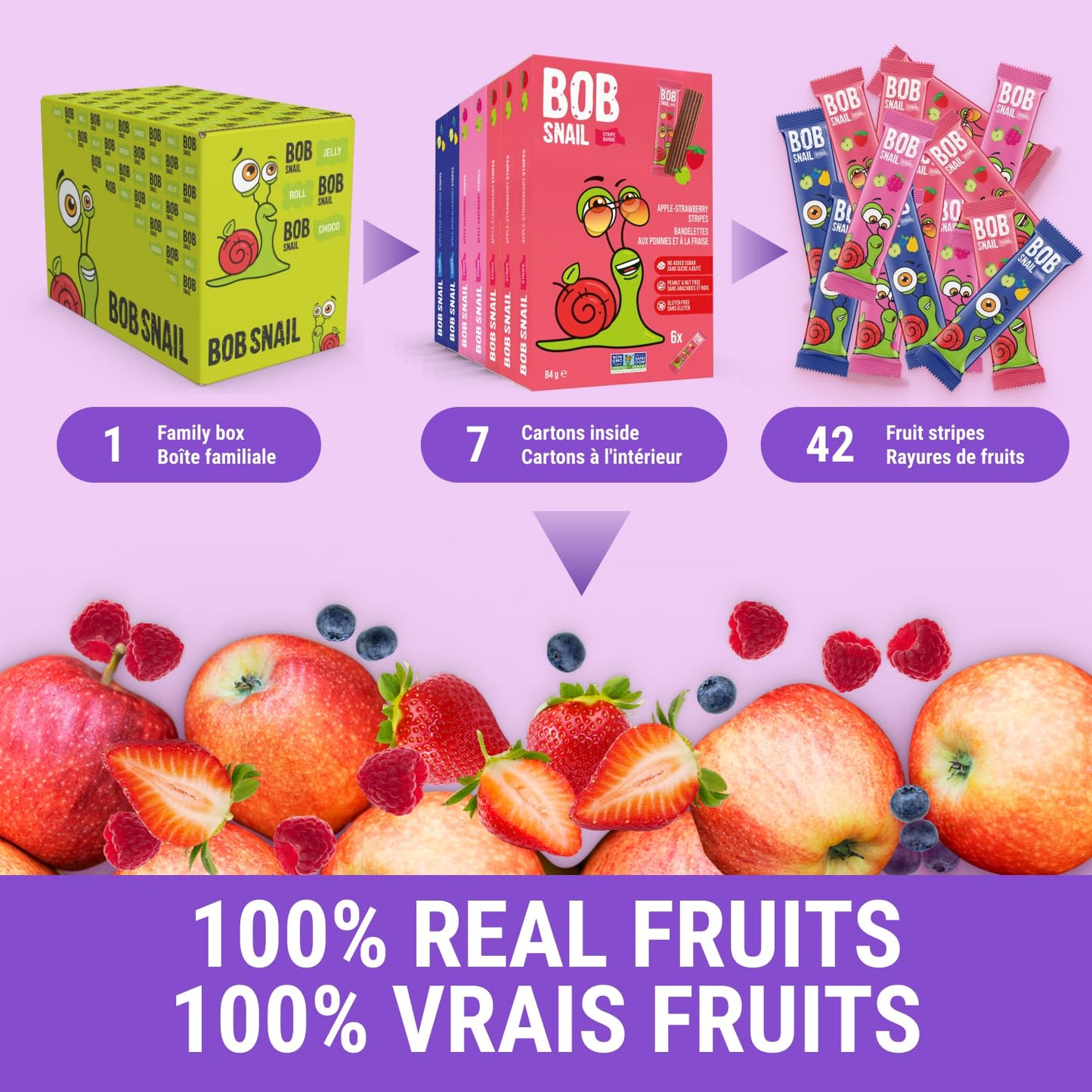 Bob Snail Fruit Leather Sweet & Sour Family Pack - Nut free fruit Roll Ups with Dried Mango,Sour Cherry & Blackcurrant, Candy box Fruit Snacks, All Natural Healthy Snacks for kids, Sugar Free sour Candy, 42 pcs Pack / 588 gram candy bulk (Exotic Mix)