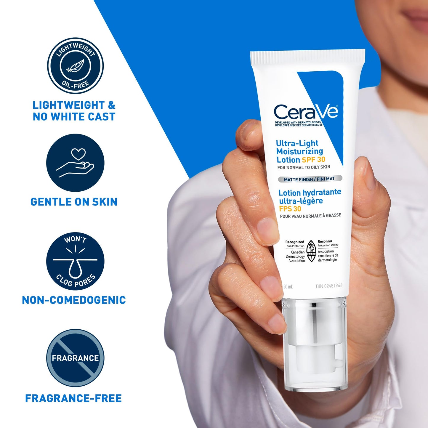 CeraVe Ultra-light Face Moisturizer with SPF 30. Hyaluronic Acid face sunscreen lotion for Men & Women, Normal to Oily & sensitive skin. Fragrance-Free, Oil-Free, Non-Comedogenic, Travel Size 50ML