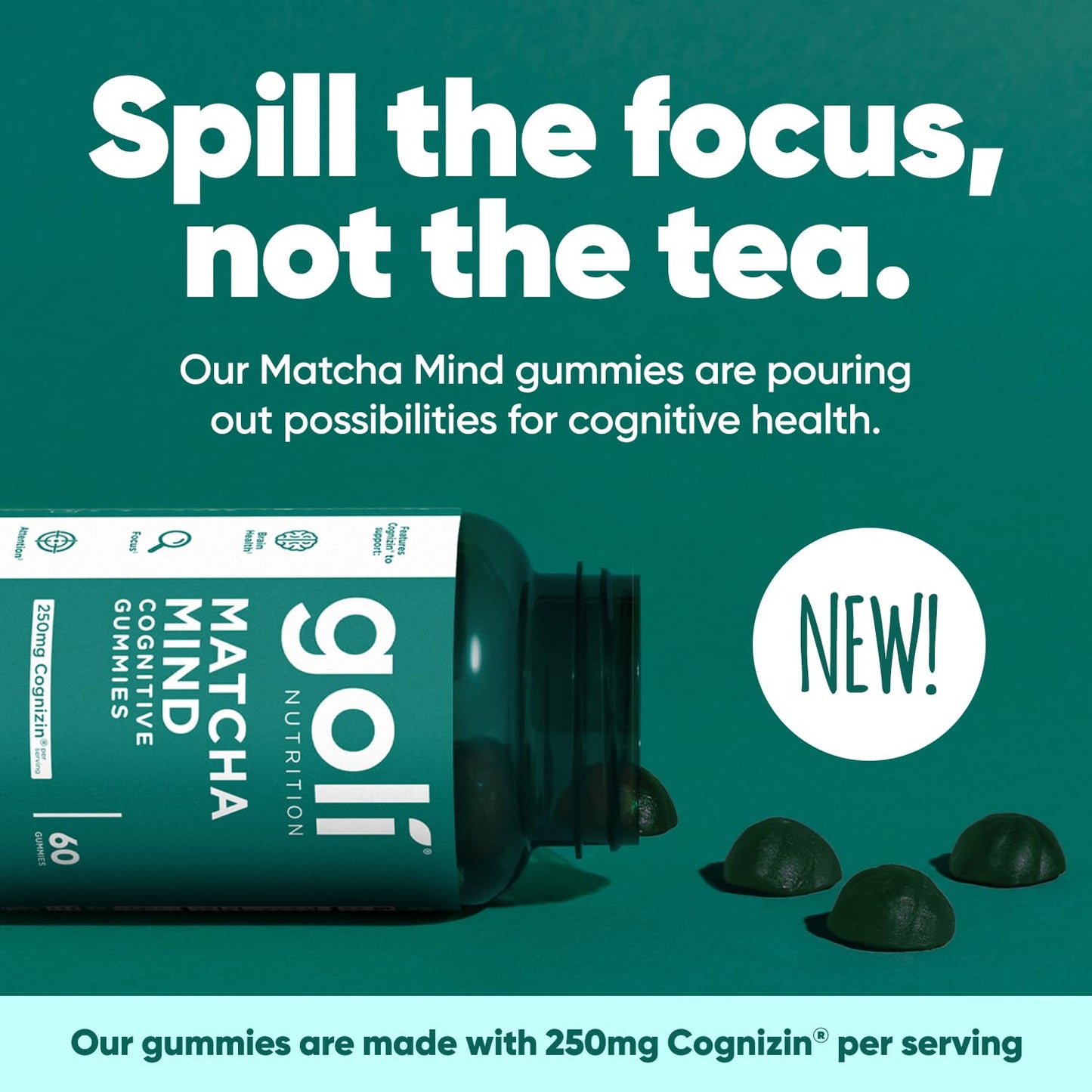 Goli Matcha Mind Gummies - 180 Count - Green Tea Leaves Powder with Cognizin for Focus, Attention and Brain Health, Vegan, Non-GMO, Gluten-Free & Gelatin Free.