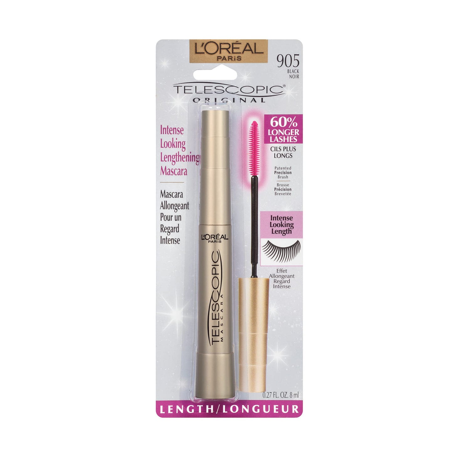 L’Oréal Paris Telescopic Mascara, Eyelash Lengthening Mascara, Unique Non-Clumping Formula, Delivers Intense Length, For Sensitive Eyes, Blackest Black, 8 ml
