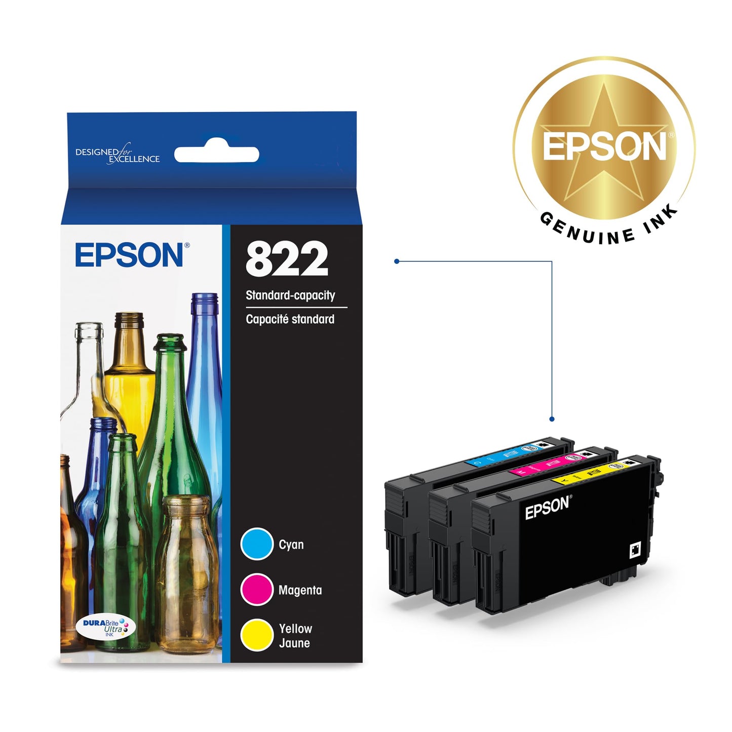 EPSON 822 DURABrite Ultra Ink Standard Capacity Cartridge Combo Pack (T822520-S) Works with WorkForce Pro WF-3820, WF-3823, WF-4820, WF-4830, WF-4833, WF-4834, Color - Cyan, Magenta, Yellow Jaune