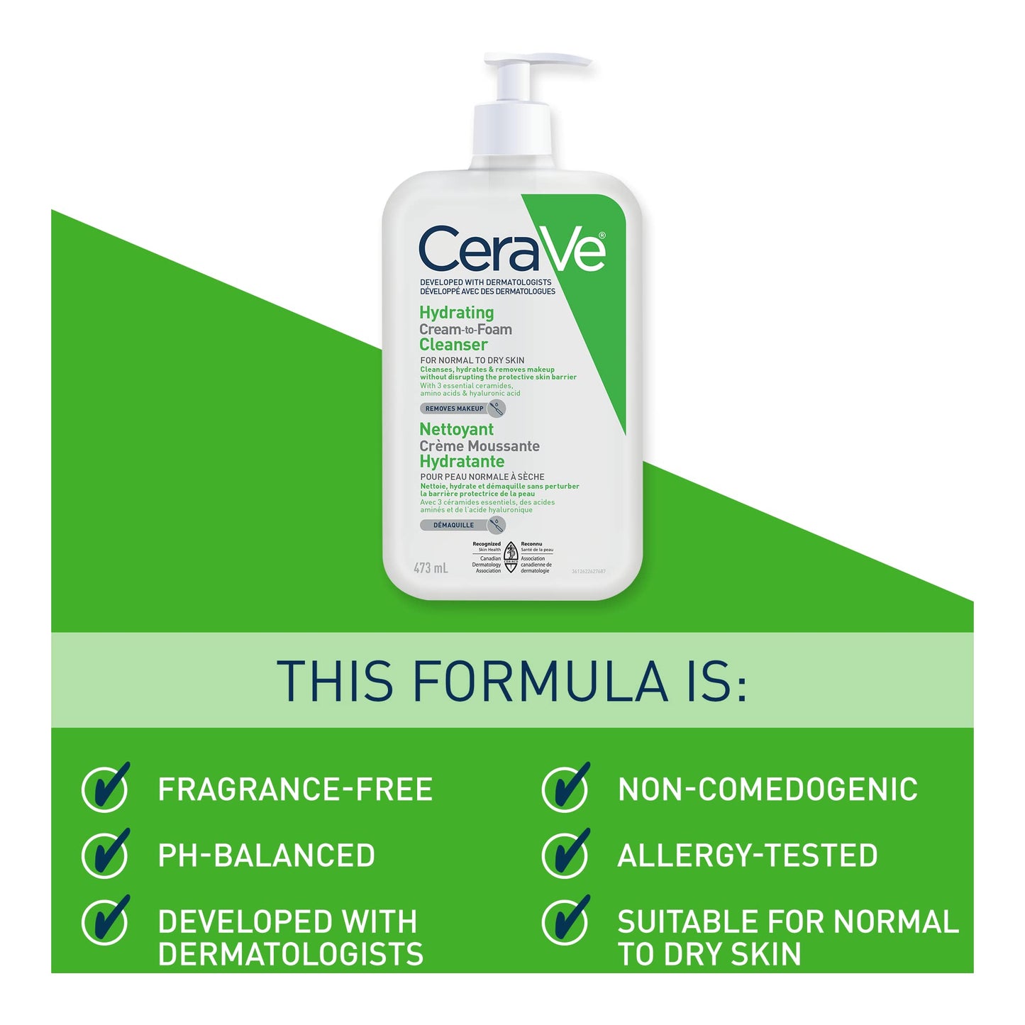 CeraVe Hydrating Cream-to-Foam Face Cleanser, One-Step Face Wash With Hyaluronic Acid & Amino Acid Complex, Gently Cleanses Skin, Non-Comedogenic, Fragrance-Free, Normal to dry skin, 562mL