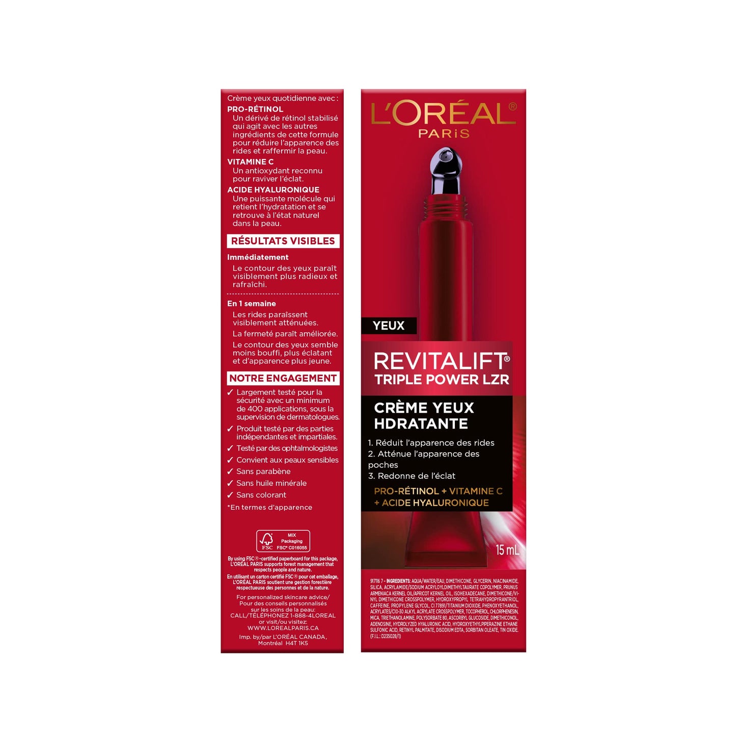 L’Oréal Paris Eye Cream, with Hyaluronic Acid, Vitamin C, Pro Retinol to Reduce Look of Wrinkles and Under-Eye Bags, Revitalift Triple Power LZR, Skincare, 15ml