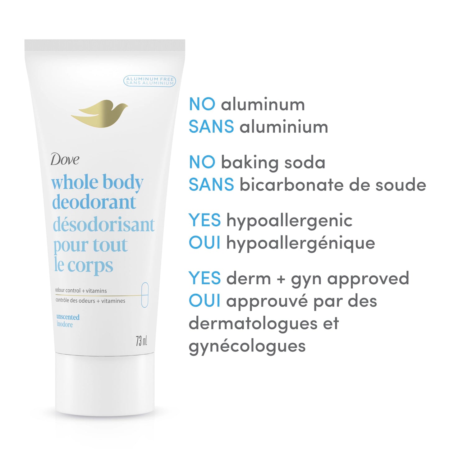 Dove Whole Body Deodorant Cream Aluminum Free Deodorant for Women Coconut & Vanilla Scent for Pits, Privates, & Thighs to Toes 73 ml