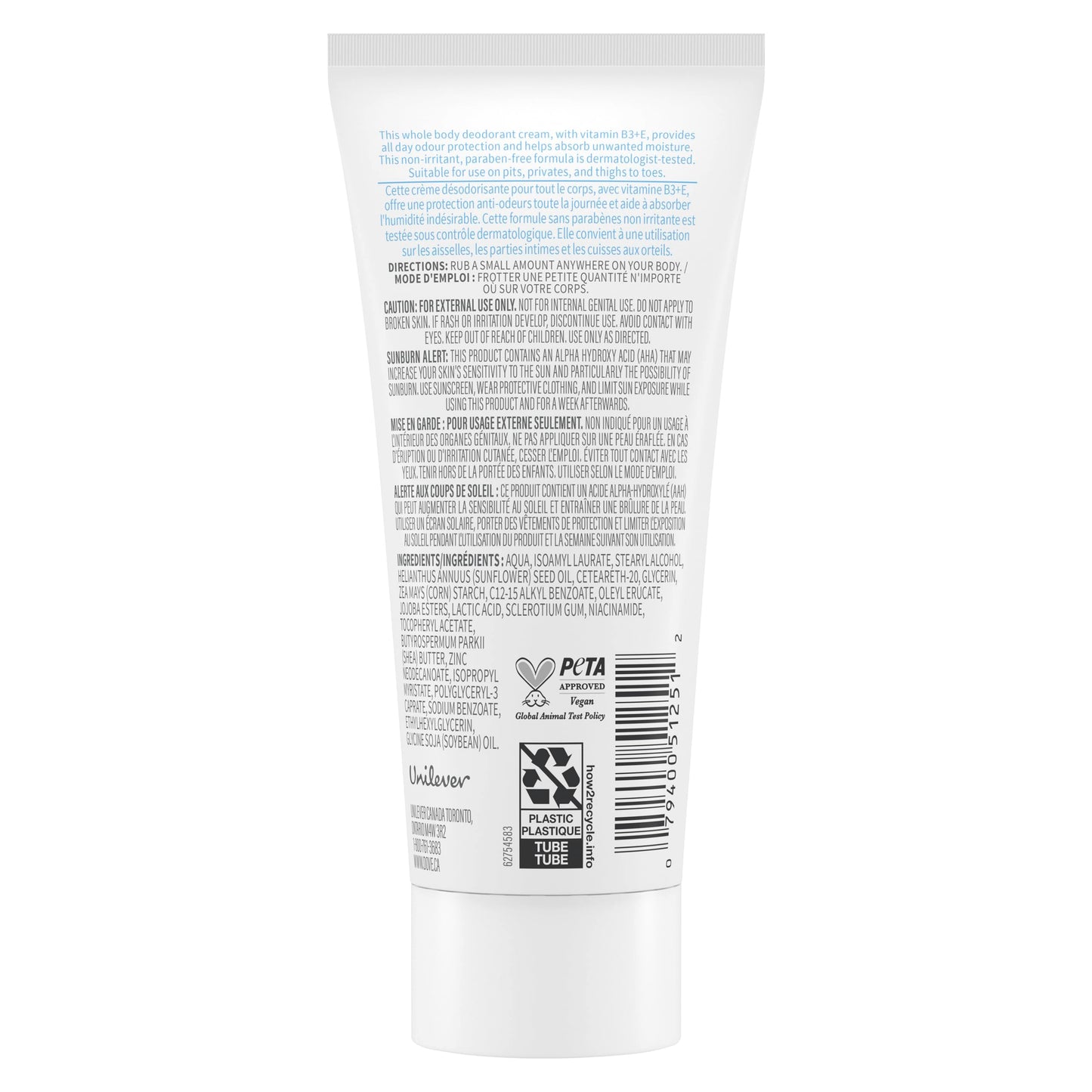 Dove Whole Body Deodorant Cream Aluminum Free Deodorant for Women Coconut & Vanilla Scent for Pits, Privates, & Thighs to Toes 73 ml
