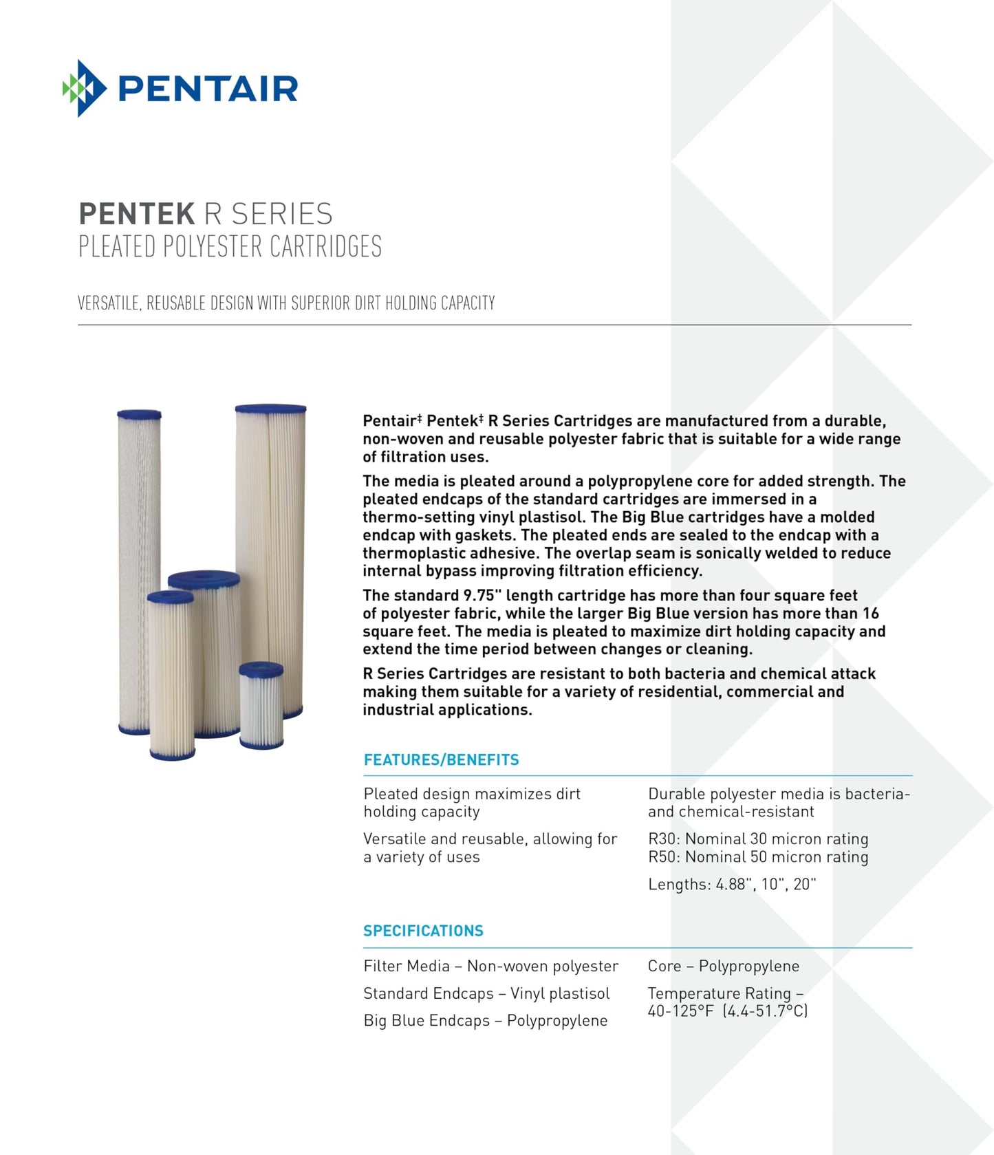 Pentair Pentek R50-BB Big Blue Sediment Water Filter, 10-Inch, Whole House Pleated Polyester Filter Cartridge, 10" x 4.5", 50 Micron, Pack of 2