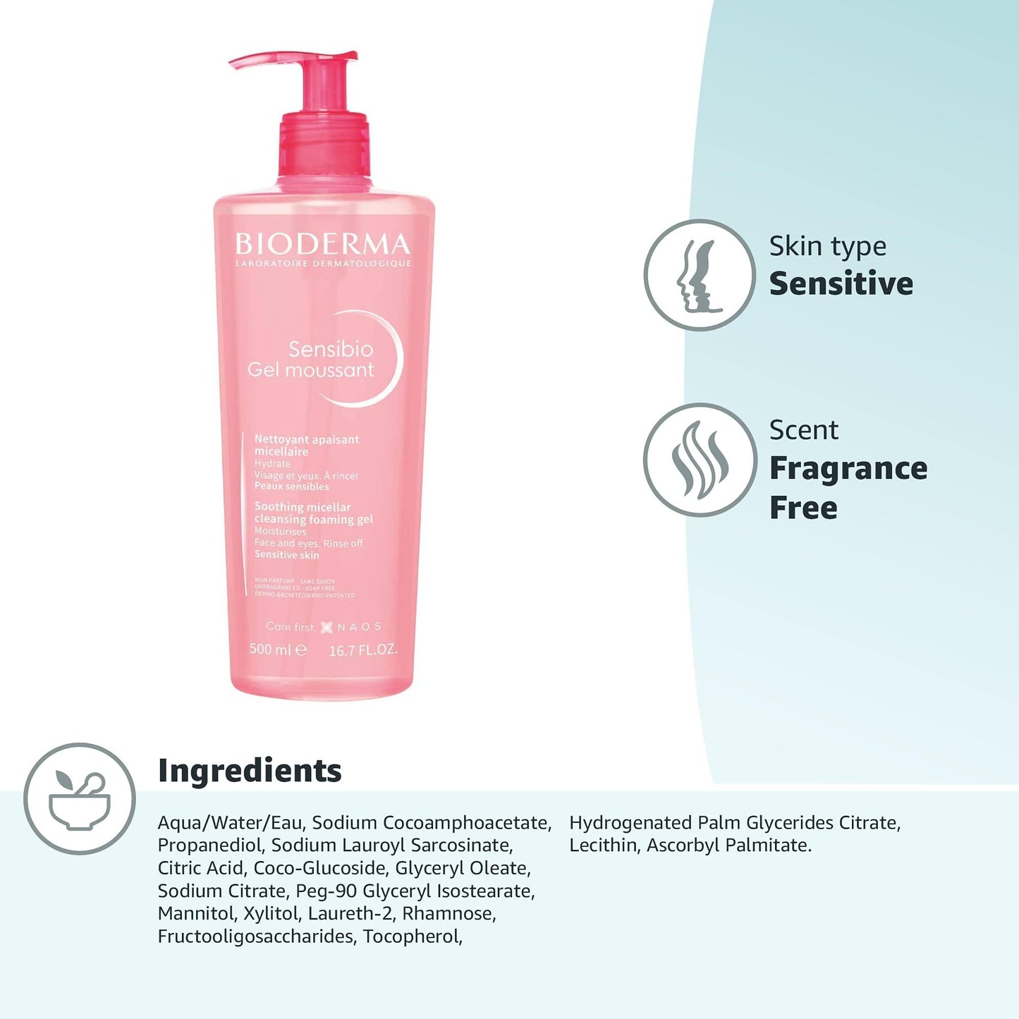 Bioderma Sensibio Cleansing Foaming Gel and Make-Up Removing Refreshing feeling for Sensitive Skin Unscented, 16.7 Fl Oz