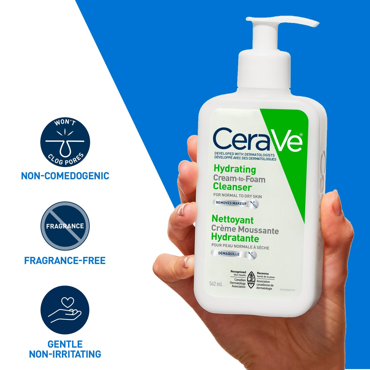 CeraVe Hydrating Cream-to-Foam Face Cleanser, One-Step Face Wash With Hyaluronic Acid & Amino Acid Complex, Gently Cleanses Skin, Non-Comedogenic, Fragrance-Free, Normal to dry skin, 562mL