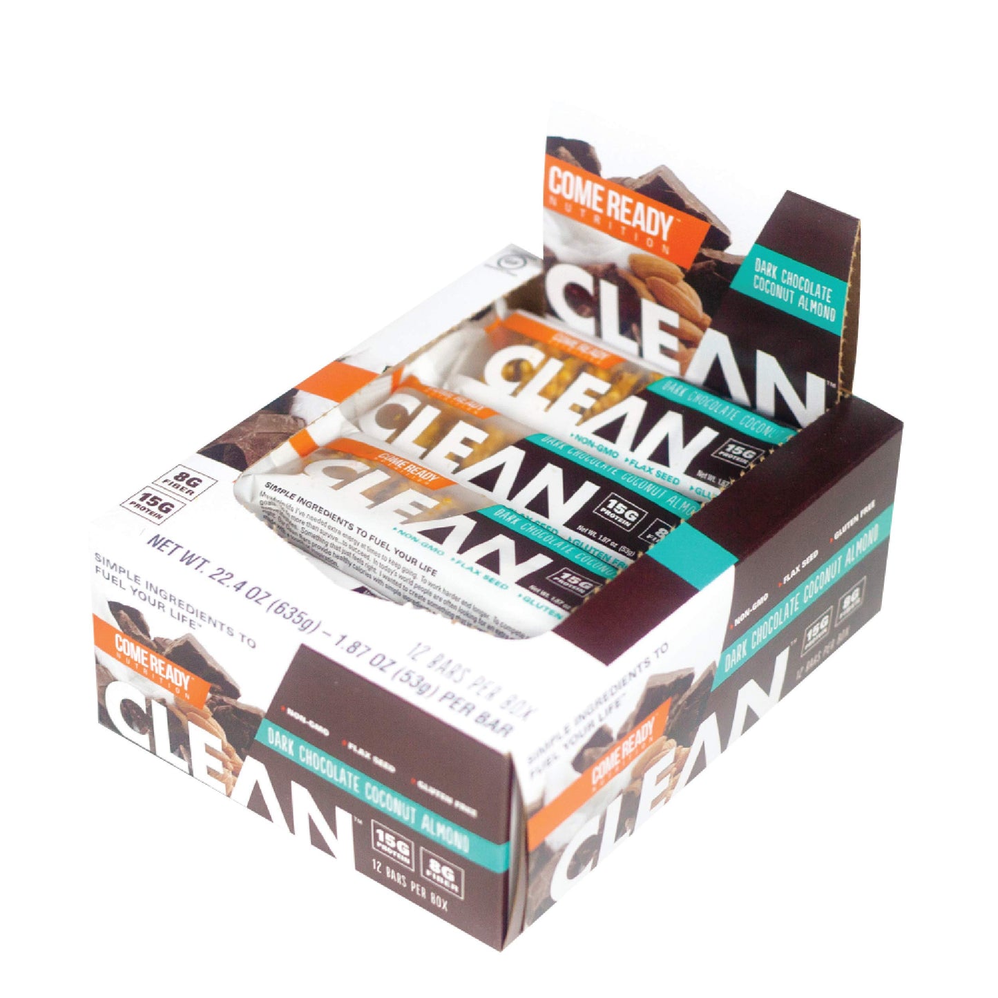 Ready CLEAN Bar, 15g of Protein, 7g Fiber, 6.5g of Whole Grains, NON-GMO, Dark Chocolate Blueberry Almond, 1.8 Ounces, 12-Pack