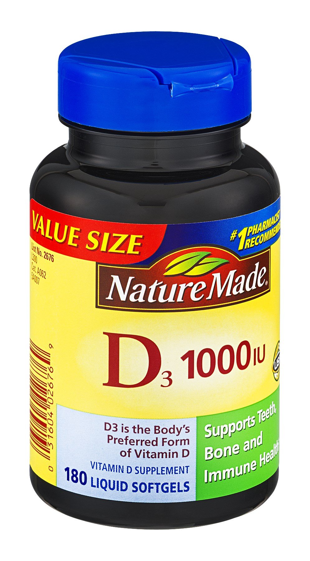 Nature Made Vitamin D3 1000 IU (25 mcg), Dietary Supplement for Bone, Teeth, Muscle and Immune Health Support, 300 Softgels, 300 Day Supply
