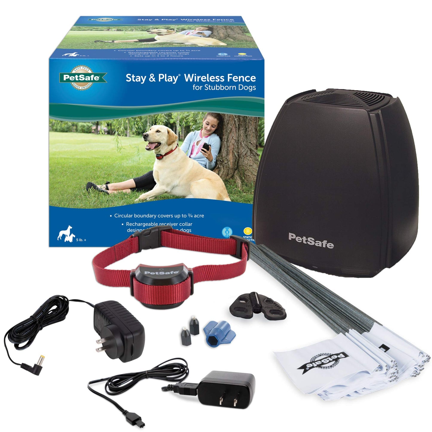 PetSafe Stay and Play Wireless Pet Fence for Stubborn Dogs from The Parent Company of Invisible Fence Brand Above Ground Electric Pet Fence with Waterproof and Rechargeable Training Collar