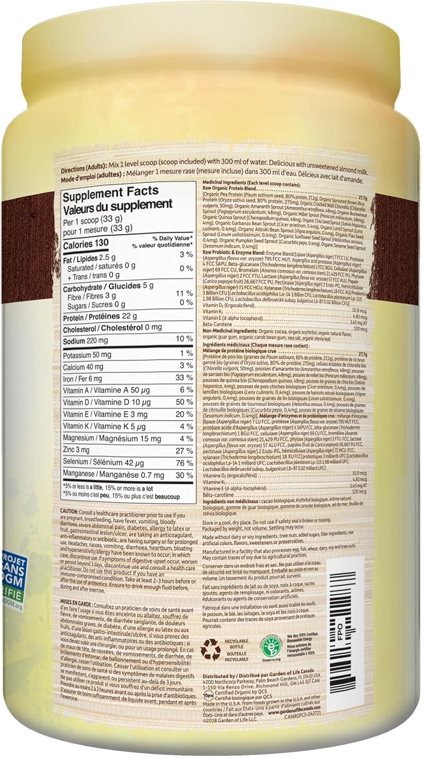 Garden of Life Raw Organic Protein, Chocolate, 664g. Packed with 22 Grams of Certified Organic Plant Protein, including organic peas grown and processed in Canada. Assists in building and repairs muscles. Loaded with 14 organic sprouted grains, seeds and