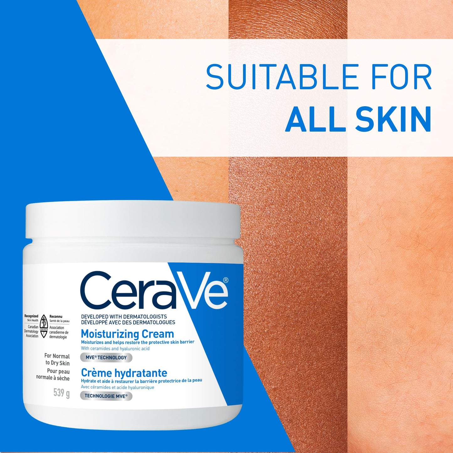 CeraVe Moisturizing Cream, Daily Face, Hands, & Body Cream Moisturizer for Dry Skin With Hyaluronic Acid and Ceramides for Women and Men. Sensitive skin, Oil-free, Non-comedogenic, Fragrance-Free, 539 Grams