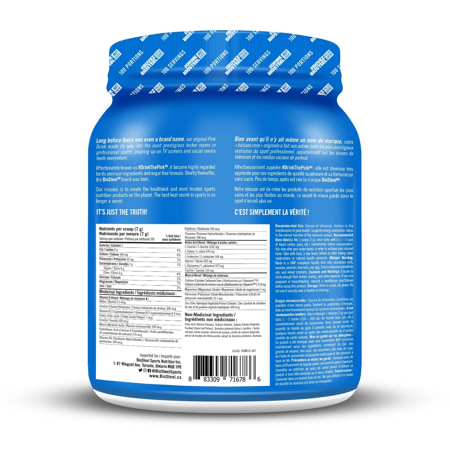 BioSteel Hydration Mix, Great Tasting Hydration with Zero Sugar, and No Artificial Flavours or Preservatives, Pink Lemonade Flavour, 100 Servings per Tub