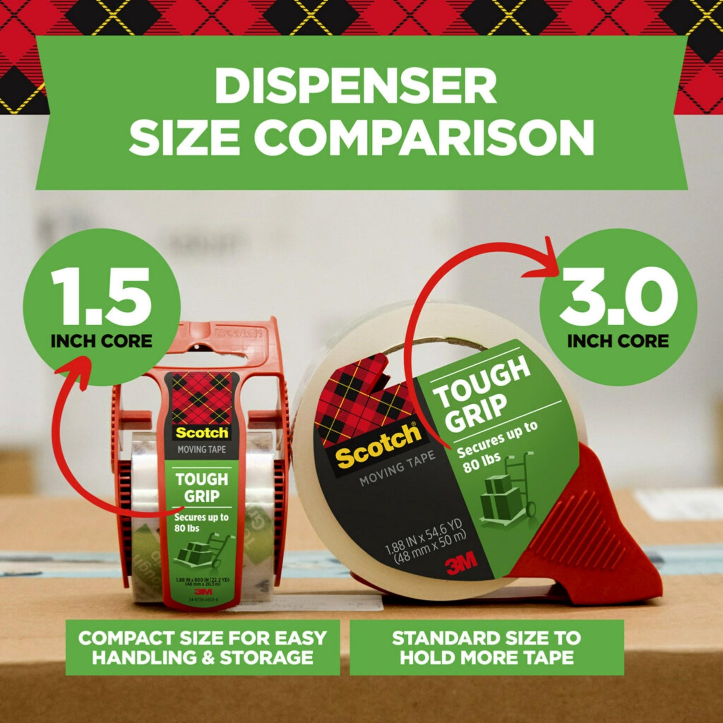 Scotch Packing Tape Tough Grip Moving Tape, 1.88" x 20m, 1 Roll w/ Handheld Dispenser