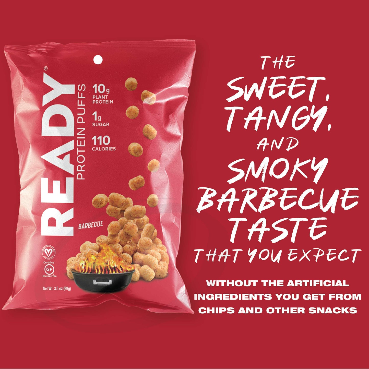 Ready Protein Puffs, 10g Plant-Based Protein, Gluten-Free, Vegan, Non-GMO, Barbecue, 3.5 Ounce Pouch, 6-Pack