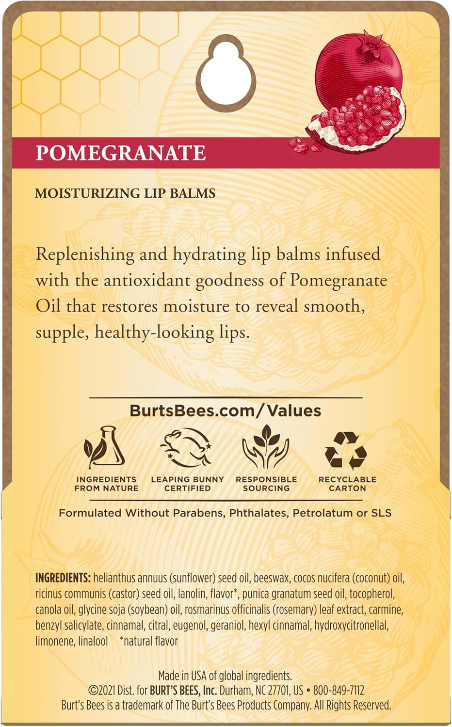 Burt's Bees Moisturizing Lip Balm for Dry Lips 100% Natural Origin, Pomegranate - 2 Tubes
