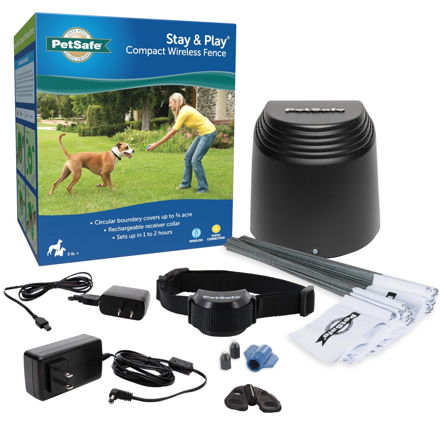 PetSafe Stay & Play Compact Wireless Fence, LCD Screen to Adjust The Circular Boundary, Secure up to a 3,000 Square Metre Area, Use for All Your Pets, Portable System