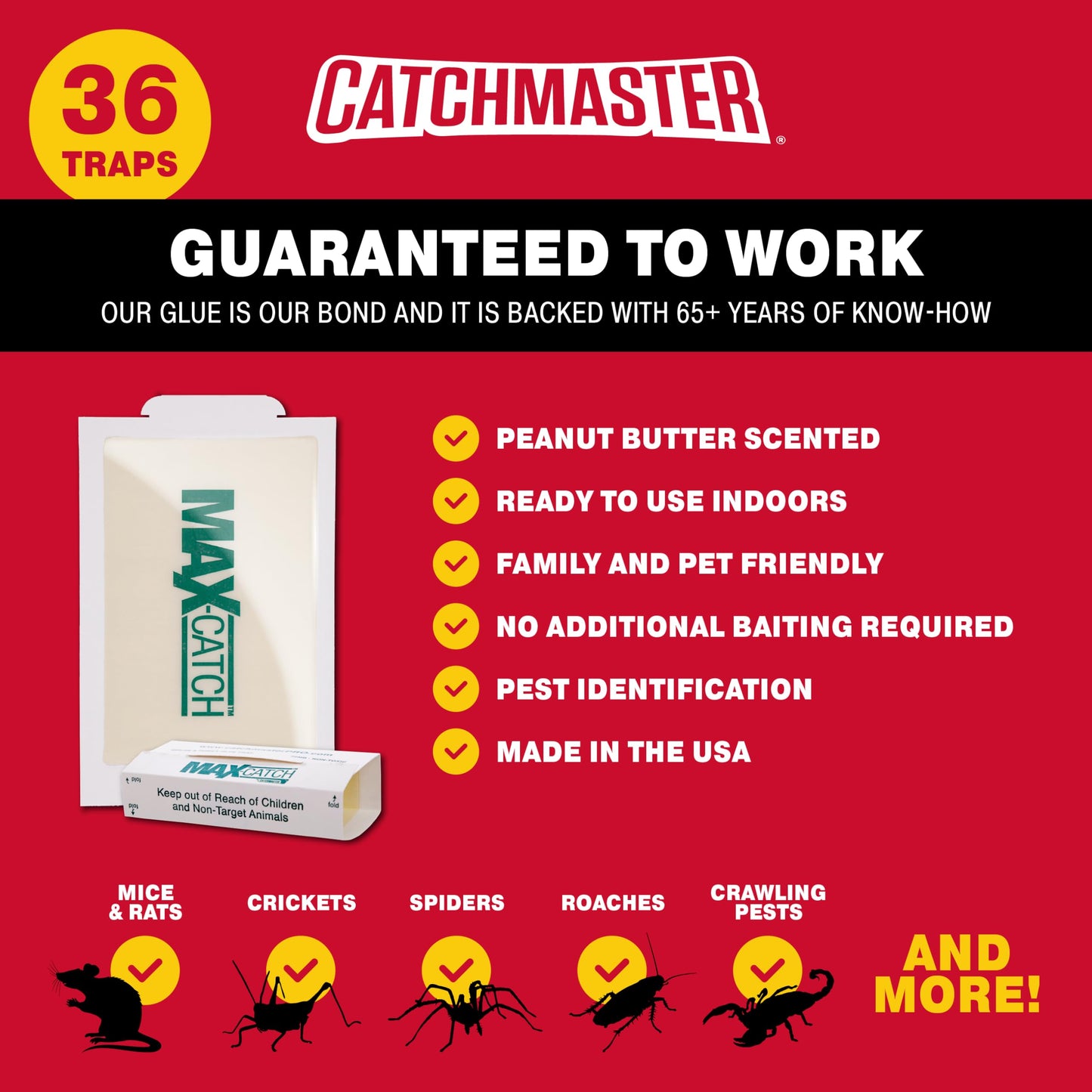 Pest Glue Trap by Catchmaster - 36 Boards Pre-Baited, Ready to Use Indoors. Rodent Mouse Rat Insect Sticky Adhesive Simple Easy Simple Non-Toxic - Made in The USA