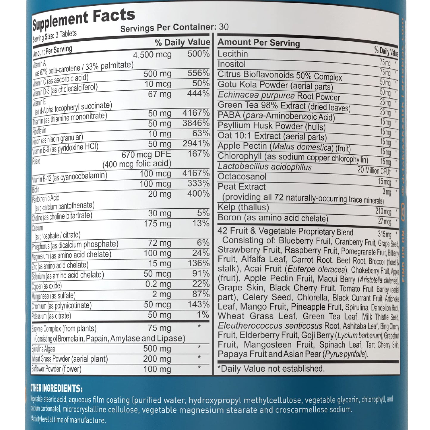 Dr. Tobias Adult Multivitamin for Women & Men, Energy & Immune Support from 42 Fruits & Vegetables Plus Probiotics, Comprehensive Daily Multivitamins for Men & Women, Non-GMO, 90 Tablets, 30 Servings