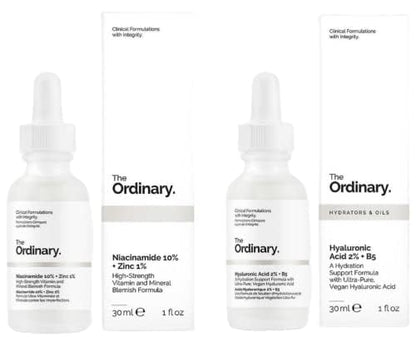 The Ordinary Face Care Bundle: Hyaluronic Acid 2% + B5 (30ml) and Niacinamide 10% + Zinc 1% (30ml) with TOSSI makeup cleansing wipes
