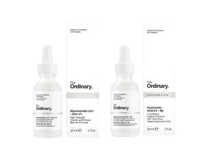 The Ordinary Face Care Bundle: Hyaluronic Acid 2% + B5 (30ml) and Niacinamide 10% + Zinc 1% (30ml) with TOSSI makeup cleansing wipes