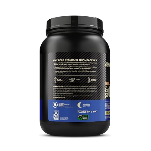 OPTIMUM NUTRITION GOLD STANDARD 100% Micellar Casein Protein Powder, Slow Digesting, Helps Keep You Full, Overnight Muscle Recovery, Creamy Vanilla, 0.91 kg