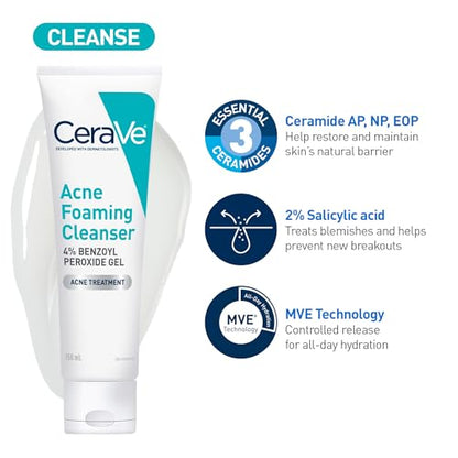 CeraVe 4% Benzoyl Peroxide ACNE Treatment Foaming Cleanser Face & Body Wash, with Hyaluronic Acid and Niacinamide. Helps Clear Acne Pimples and prevent breakouts. Gentle Gel, Fragrance-Free, 150ML