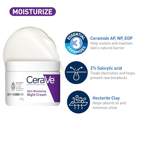 CeraVe Night Cream for Face, Skin Renewing Moisturizer for Men & Women With Hyaluronic Acid, Niacinamide, Bio Peptides & Ceramides. Fragrance Free, Non-comedogenic, Suitable for Sensitive Skin