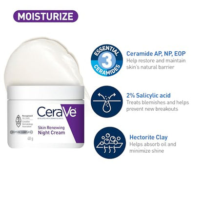 CeraVe Night Cream for Face, Skin Renewing Moisturizer for Men & Women With Hyaluronic Acid, Niacinamide, Bio Peptides & Ceramides. Fragrance Free, Non-comedogenic, Suitable for Sensitive Skin