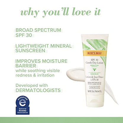 Burt's Bees Sensitive Hydrating Gentle Daily Face Cream Moisturizer Face Lotion for Sensitive Skin with Aloe and Rice Milk, 98.9% Natural Origin, Developed with Dermatologists, 51g