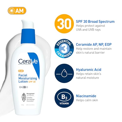 CeraVe Facial Moisturizer with SPF 30. Face Sunscreen Lotion with Hyaluronic Acid, Niacinamide & Ceramides for Women & Men. Oil-free, normal to dry skin. Verified Extended Use Date, Travel Size 89ML