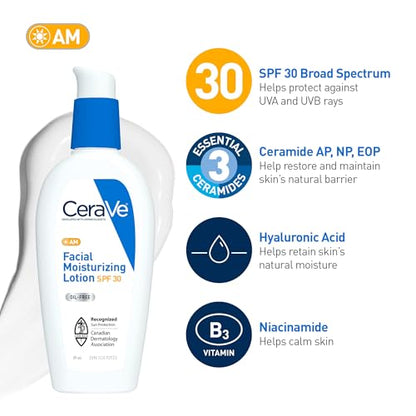 CeraVe Facial Moisturizer with SPF 30. Face Sunscreen Lotion with Hyaluronic Acid, Niacinamide & Ceramides for Women & Men. Oil-free, normal to dry skin. Verified Extended Use Date, Travel Size 89ML